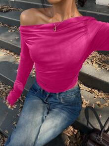 Flirla Solid Color Asymmetrical Neckline Pleated Slim Fit Long Sleeve T-Shirt, Suitable For Spring Leisure Fall Cloth For Women - Hot Pink - View 5