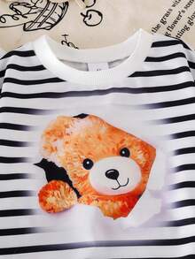 Bộ 3 món/Bộ áo nỉ tối giản thường ngày họa tiết sọc đen trắng, sọc xanh trắng, gấu dễ thương và chữ cái tiếng Anh thời trang dành cho bé gái, Xuân/Thu - Nhiều màu - Xem 4