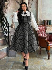 Lyrianda 大码女式翻领半开襟衬衫领二合一红色格子撞色纽扣优雅复古休闲中长A字连衣裙