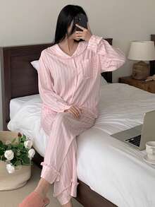DAZY Striped Ruffle Collar Women Pajama Set - Pink - View 9