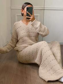 DAZY 两件套女士冬季条纹波点提花宽松长袖上衣和裤子睡衣套装 - 卡其色 - 查看 7