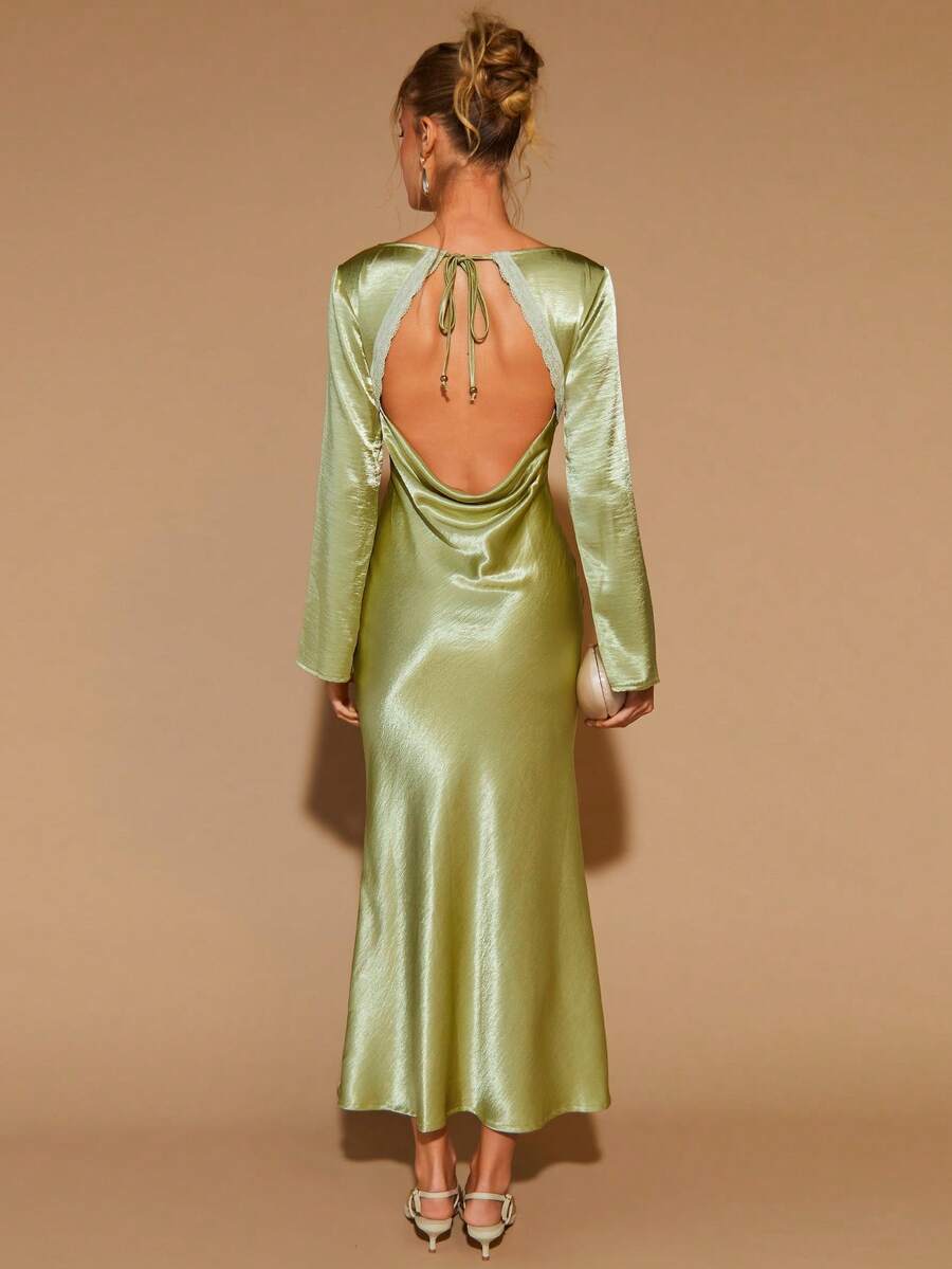 COSMINA 女士时尚优雅浪漫V领露背连衣裙 - 綠色 - 查看 1