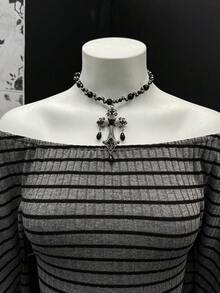 EgrlEra Damen Retro Dunkel Punk Sexy gestreiftes Strick-Minikleid