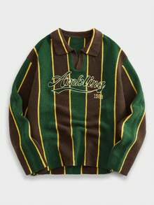 EASEVO Plus Size Men's Letter Embroidery Striped Long Sleeve Casual Sweater, Autumn/Winter 90s Sporty Sweater Men - Multicolor - View 1