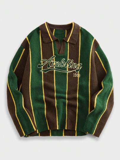 EASEVO Plus Size Men's Letter Embroidery Striped Long Sleeve Casual Sweater, Autumn/Winter 90s Sporty Sweater Men