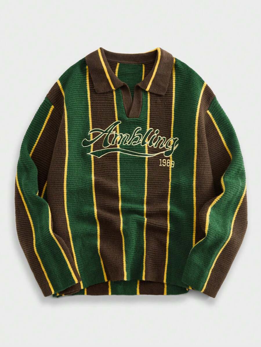 EASEVO Plus Size Men's Letter Embroidery Striped Long Sleeve Casual Sweater, Autumn/Winter 90s Sporty Sweater Men - Multicolor - View 1