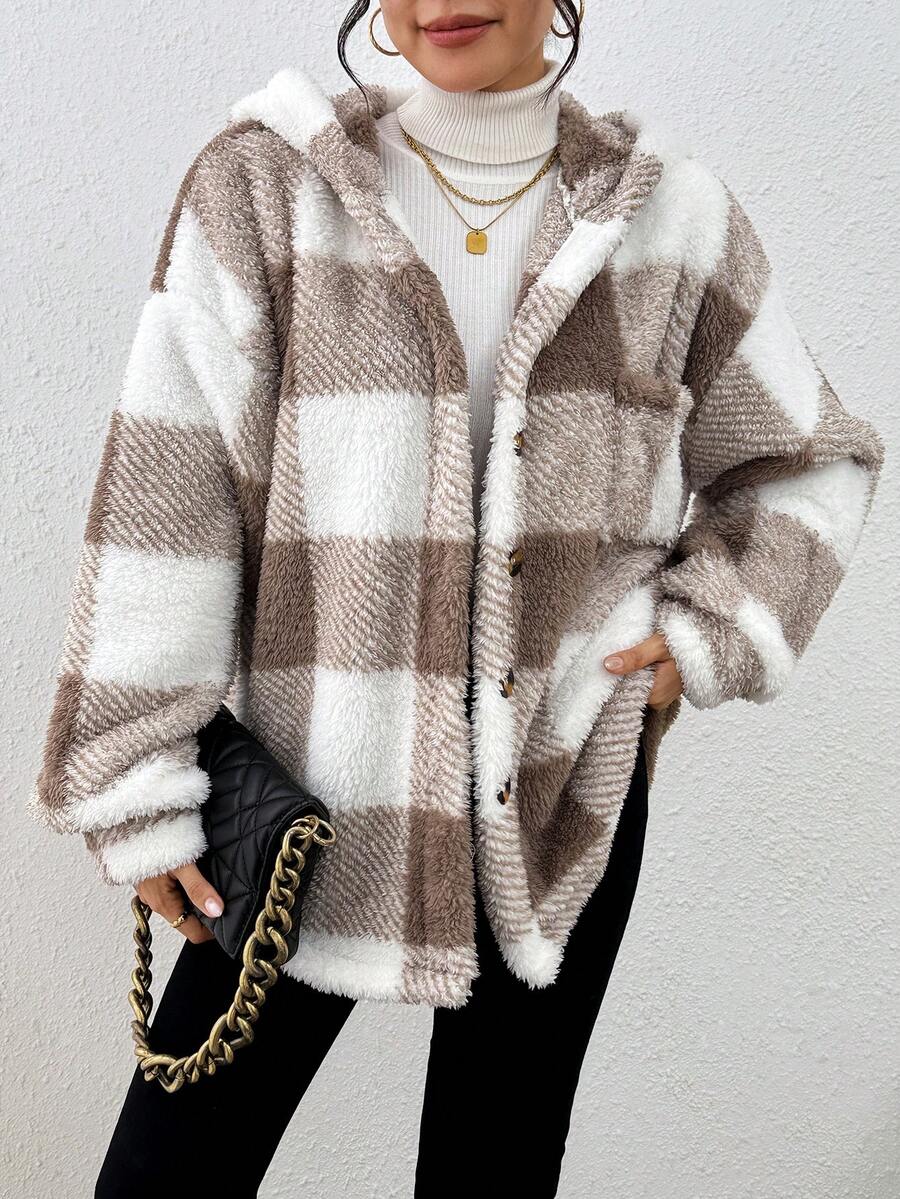 EMERY ROSE Women's Plaid Pattern Front Button Hooded Long Sleeve Fuzzy Jacket, Autumn/Winter - Khaki - View 1