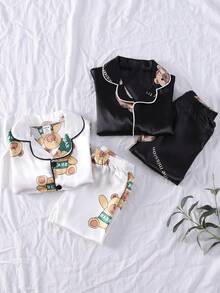 Baby Boys Pajamas-2 Pieces Pajama Set Teddy Print Black White Round Neck Long Sleeve Long Pants Button Front Sleepshirt Loungewear Four Season Holiday 2026 Must Have Gentle Cozy Lightweight Nightwear Kids Playtime Sleep - Multicolor - View 5