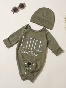 SHEIN 2Pcs Set Newborn Boy Photography Outfits Little Brother Embroidery Baby Coming Home Outfit Baby Shower Gift 1 Month 3 Month Infant Photo Props - Green - View 7