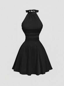 SHEIN MOD Women's Solid Color Backless Twist Ruched Halter Mini Dress,Fall Dresses For Women,Christmas ,Christmas Dress,New Year Dress, Thanksgiving ,Elegant Dresses For Party,Wedding Guest Dress ,Prom Dress,Formal Dress,Evening Dress Chic Wedding - Black - View 2