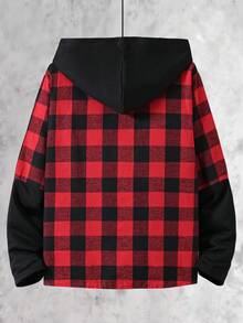 Vacaura 1pc Teenage Boys' Casual Hooded Plaid Shacket With Contrast Sleeve, Suitable For Autumn/Winter Outdoor - Red - View 2