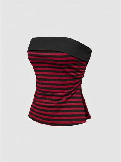 Grunge Punk Canotta corta a righe e patchwork in stile Y2K con orlo a spacco per donne