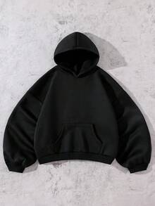 SHEIN 1件纯色时尚卫衣，适合青少年男孩，宽松版型，街头风，面料舒适，适合上学、夏季、秋季和冬季休闲穿着，男女皆宜。 - 黑色 - 查看 3