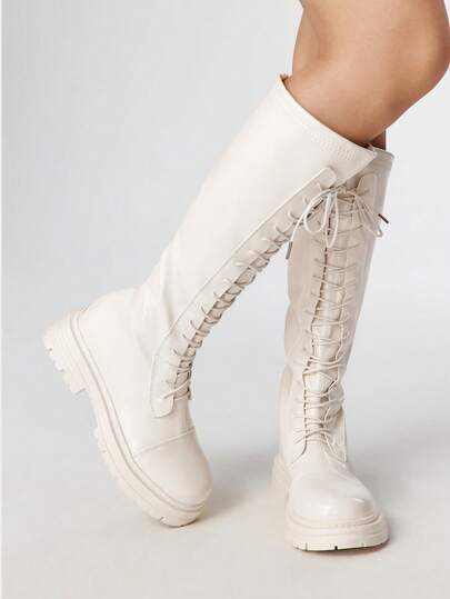 Bottes mi-mollet noires en PU à lacets pour femmes, style gothique/punk quotidien pour le campus