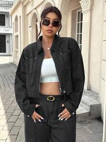 SHEIN ICON جاكيت كاجوال مغسول للنساء ذوات الحجم الكبير - الأسود - مشاهدة 7