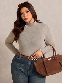 Elaquor Plus Size Women Solid Color Knit Undershirt T-Shirt, Autumn/Winter - Apricot - View 4