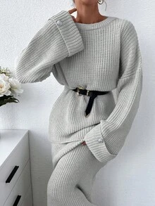 SHEIN Cottnline Plus Women Solid Color Chunky Sweater & Sweater Skirt Set - Grey - View 4