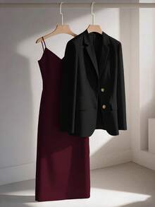 Franclia 休闲卡其色西装外套搭配吊带收腰直筒连衣裙，女士两件套套装，适合春秋季节，商务/休闲场合均可穿着。 - 彩色 - 查看 1