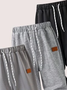 Vacaura 3pcs Boys' Solid Color Knit Slim Fit Pants, Ribbed Hem Design, Comfortable Fabric, Versatile For School And Casual Wear, Suitable For Autumn/Winter Fall - Multicolor - View 3