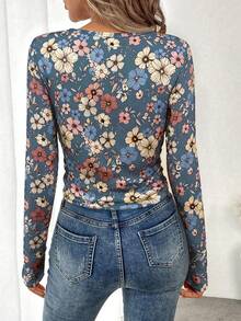 SHEIN LUNE Women's Casual Floral Print Crew Neck Fitted Long Sleeve T-Shirt, Autumn - Multicolor - View 2