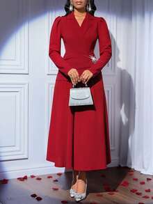 Fleurora Rochie elegantă de damă, de culoare vișinie, cu mâneci bufante, rever și decorațiuni cu strasuri - Burgundia - Vizualizare 4