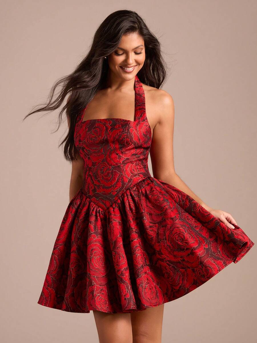 Enchnt 女士红色花卉提花吊带优雅迷你连衣裙 - 酒紅色 - 查看 1