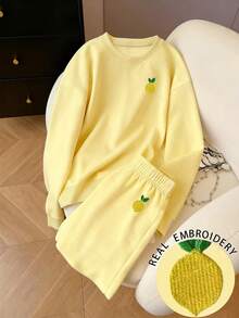 SHEIN 两件套女士柠檬刺绣黄色圆领长袖上衣和裤子套装 - 黃色 - 查看 1