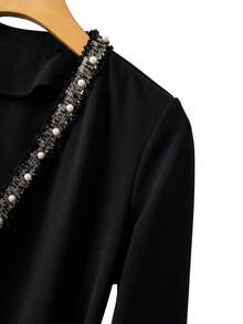 SHEIN Franclia Franclia 女士优雅黑色撞色珍珠边长袖开衫外套和珍珠装饰圆领长裙两件套，秋冬款