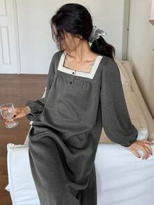 DAZY 可愛對比色荷葉邊拼接燈籠袖女款睡裙睡衣 - 深灰色 - 查看 4