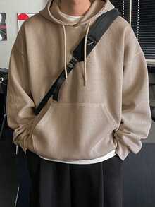 DAZY Beige Loose Solid Color Thermal Lined Hoodie For Men, Autumn/Winter - Beige - View 6