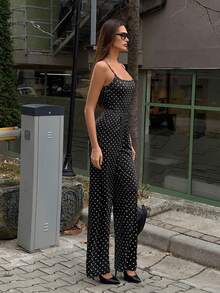 TRNVIE 女士休闲波点连体裤，配有可调节肩带，宽松直筒裤型，适合叠穿、通勤以及秋冬季穿着。 - 黑與白 - 查看 4