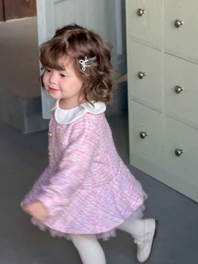 DAZY Toddler Girls' Korean Style Peter Pan Collar Mid-Length Dress, Autumn/Winter