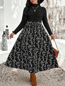 EMERY ROSE Plus Size Elegant Commuter Floral Print Patchwork Dress - Black - View 5