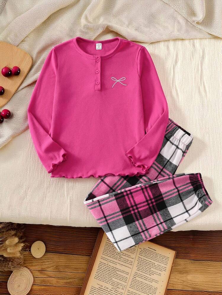 2pcs Girls Plaid Pajama Set With Ruffle Hem And Bow Accent, Comfortable Cotton Loungewear - Hot Pink - View 1
