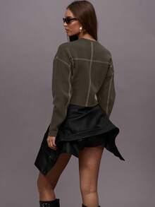 MUSERA Áo len cổ tròn cài khuy phía trước, ôm eo, phối đường chỉ tương phản, thích hợp cho buổi tối mùa đông, đi chơi, phong cách đường phố, dễ thương, đi học, gợi cảm, không cắt xẻ, dự tiệc tối, thanh lịch, mùa đông, xuân, hè, kỳ nghỉ. - Màu nâu Sô-cô-la - Xem 4