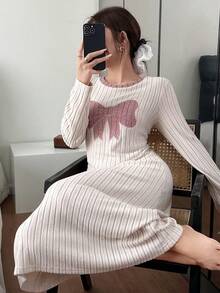 SHEIN Women's Textured Bow Embroidery Crew Neck Long Sleeve Pajamas, Autumn/Winter - Multicolor - View 4