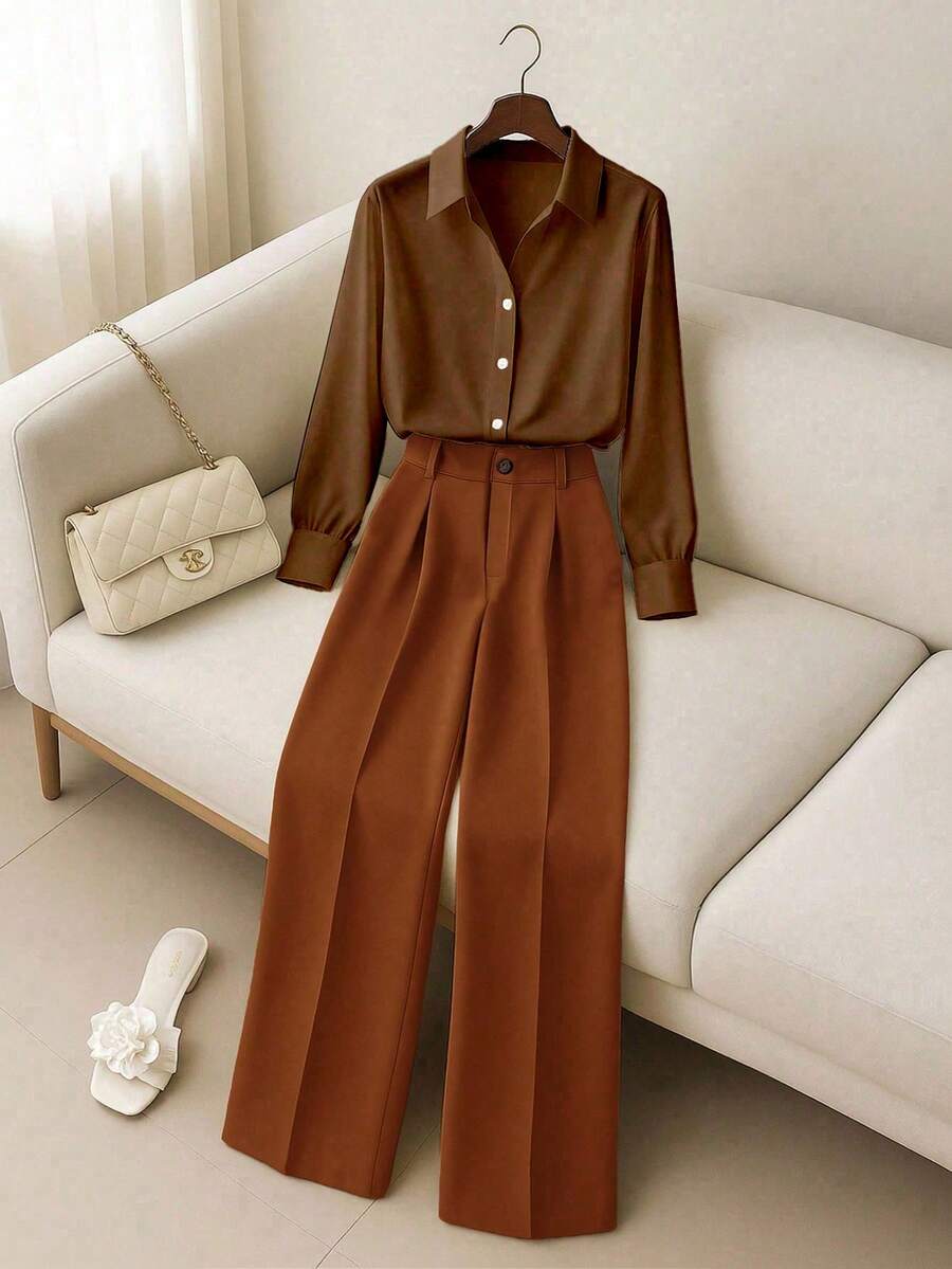 Franclia Apricot Button-Up Shirt & Elongated Pants Women's Suit - Brown - View 1