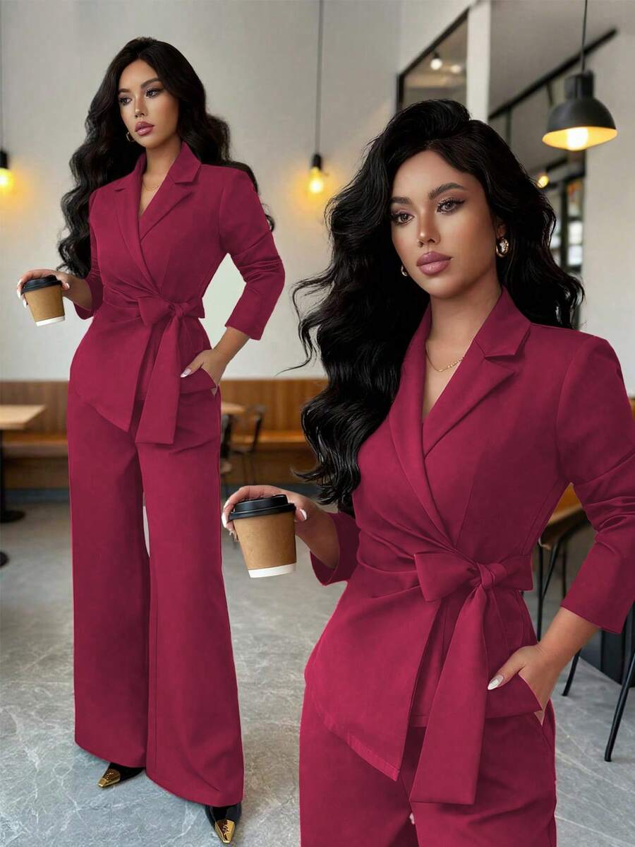 SHEIN Elenzya 女款優雅酒紅色兩件套,秋季長袖繫帶前襟V領裹身上衣搭配寬鬆直筒長褲,職場辦公專業套裝 - 玫紅色 - 查看 1