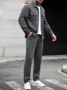 Manfinity CasualCool 男士纯色实用双口袋纹理长袖衬衫长裤套装，秋冬款 - 灰色 - 查看 7