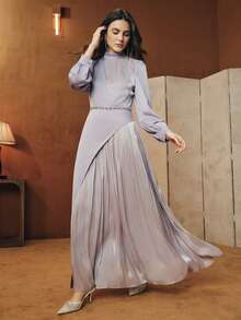 Anewsta Vestido feminino versátil e elegante em tom lilás claro com gola mandarim, cinto assimétrico com strass na cintura, mangas bufantes e detalhes plissados em patchwork. Ideal para usar da primavera ao verão e também para férias. - Roxa - Ver 5