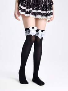 ROMWE Kawaii 1双女士过膝长袜，带蕾丝蝴蝶结装饰 - 黑與白 - 查看 5