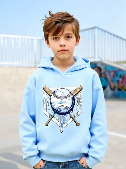 Fantacosmos Boys' Baseball Print Hooded Sweatshirt, Fashionable Outdoor Casual Pullover, Autumn/Winter