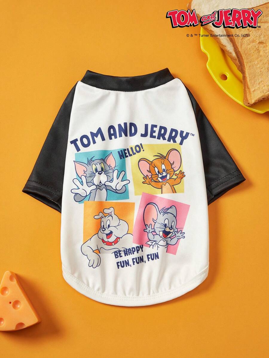 TOM & JERRY X PETSIN 1pc Fun Cartoon Cute Print Black And White Splicing Fashion Cat And Dog Universal Elastic Comfortable Dog T-Shirt - Multicolor - View 1