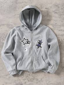Coolqubz 青少年男童休闲做旧星形印花运动拉链卫衣外套，春秋/秋冬款，男女通用 - 灰色 - 查看 1