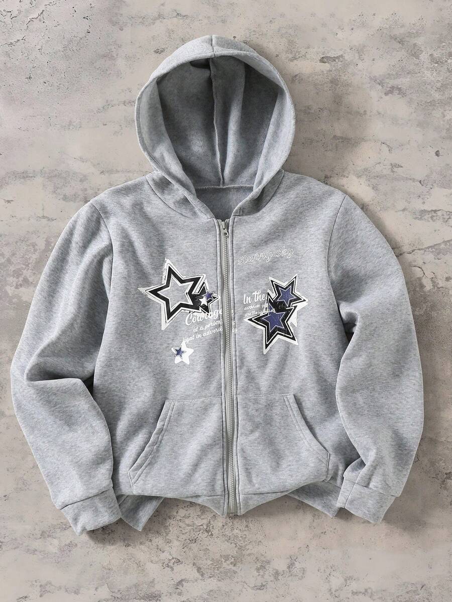 Coolqubz 青少年男童休闲做旧星形印花运动拉链卫衣外套，春秋/秋冬款，男女通用 - 灰色 - 查看 1