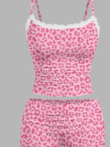 SHEIN Essnce 2pcs Lace Camisole & Ruched Leopard Print Shorts Set For Women, Suitable Summer, Street Style, Outgoing, Back To School, Y2K, Chic, Airport, Home Wear - Multicolor - View 3