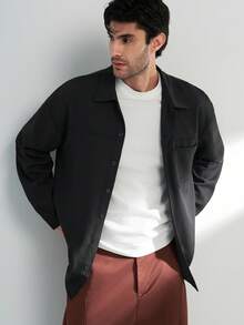 Airaco Men Solid Color Long Sleeve Single-Breasted Casual Pocket Loose Shirt, Fall - Black - View 1