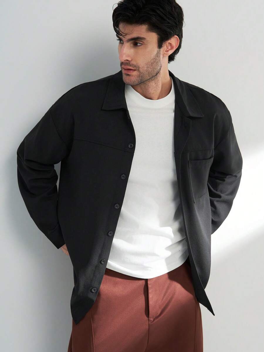 Airaco Men Solid Color Long Sleeve Single-Breasted Casual Pocket Loose Shirt, Fall - Black - View 1