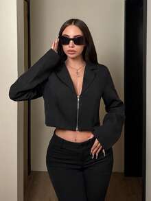 Flirla Blazer court zippé à col cranté de couleur unie, style décontracté/bureau pour femmes - Noir - Voir 6