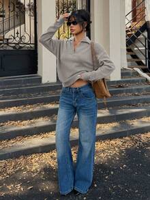 Flirla Women's Solid Color Half-Zip Drop Shoulder Casual Knit Pullover Sweater - Light Grey - View 5